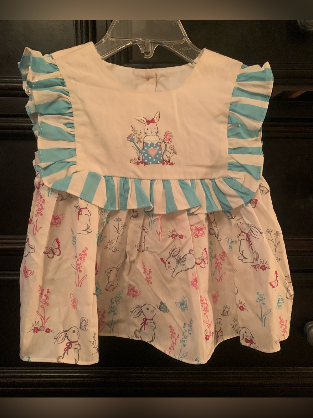 White & Light Blue Bunny Print Ruffle Casual Dress for Girls